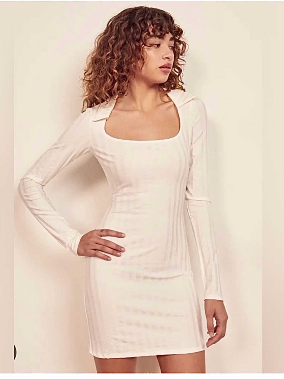 Reformation Ivory Cream Ribbed Square-Neck Long-Sleeve Mini Dress Sz L - Picture 2 of 7